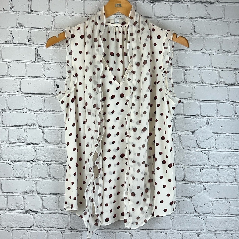 FEVER Sleeveless Polka Dot Blouse With Bow, Size M